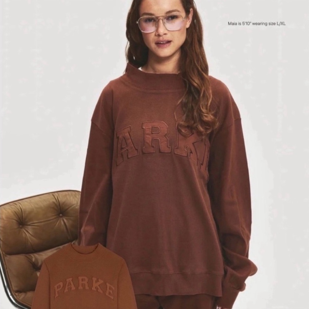 NEW Parke Ribbed Varsity Pullover Mockneck Sweatshirt in Mocha S/M